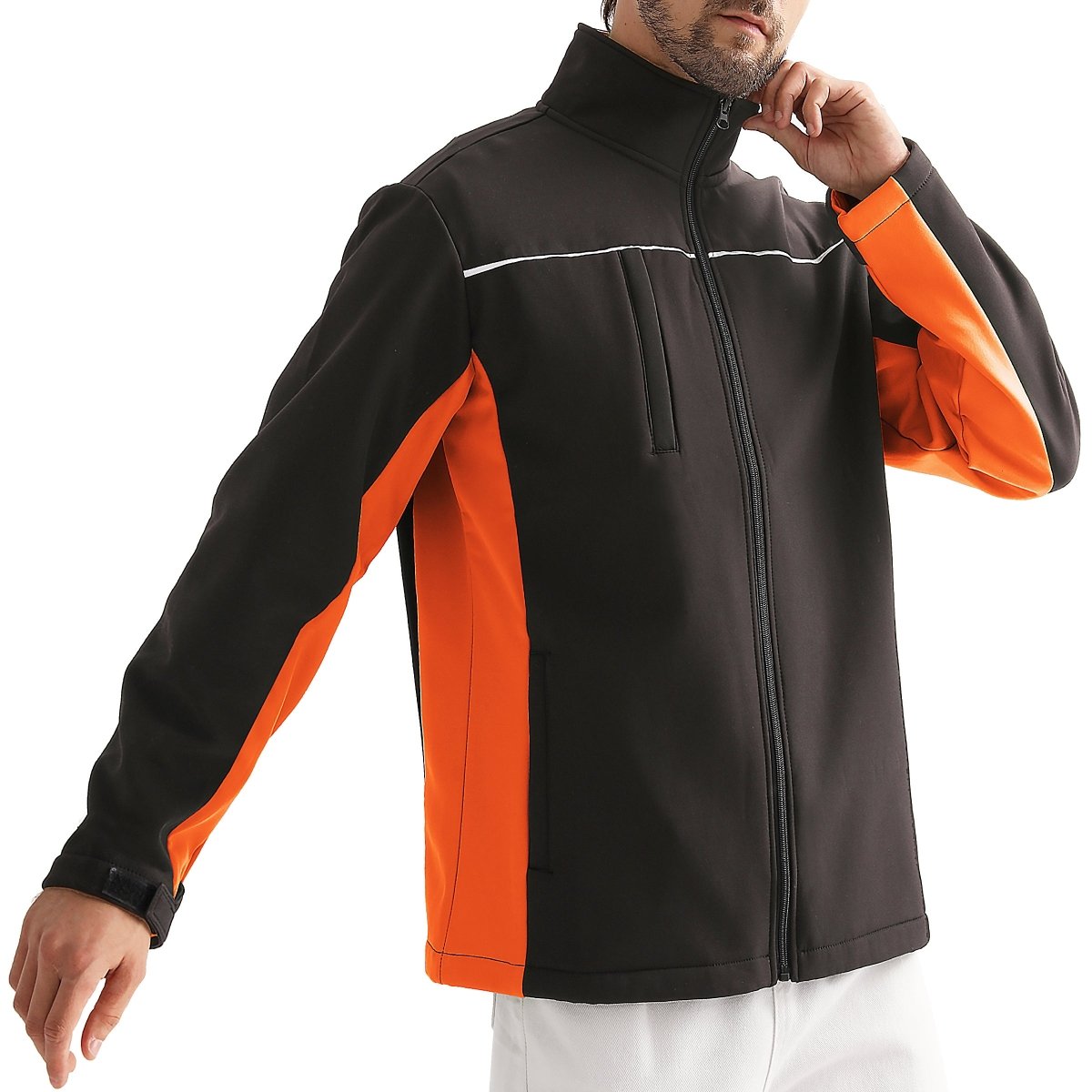 "panel softshell jacket in Black with orange, model side – Big Bee Workwear"