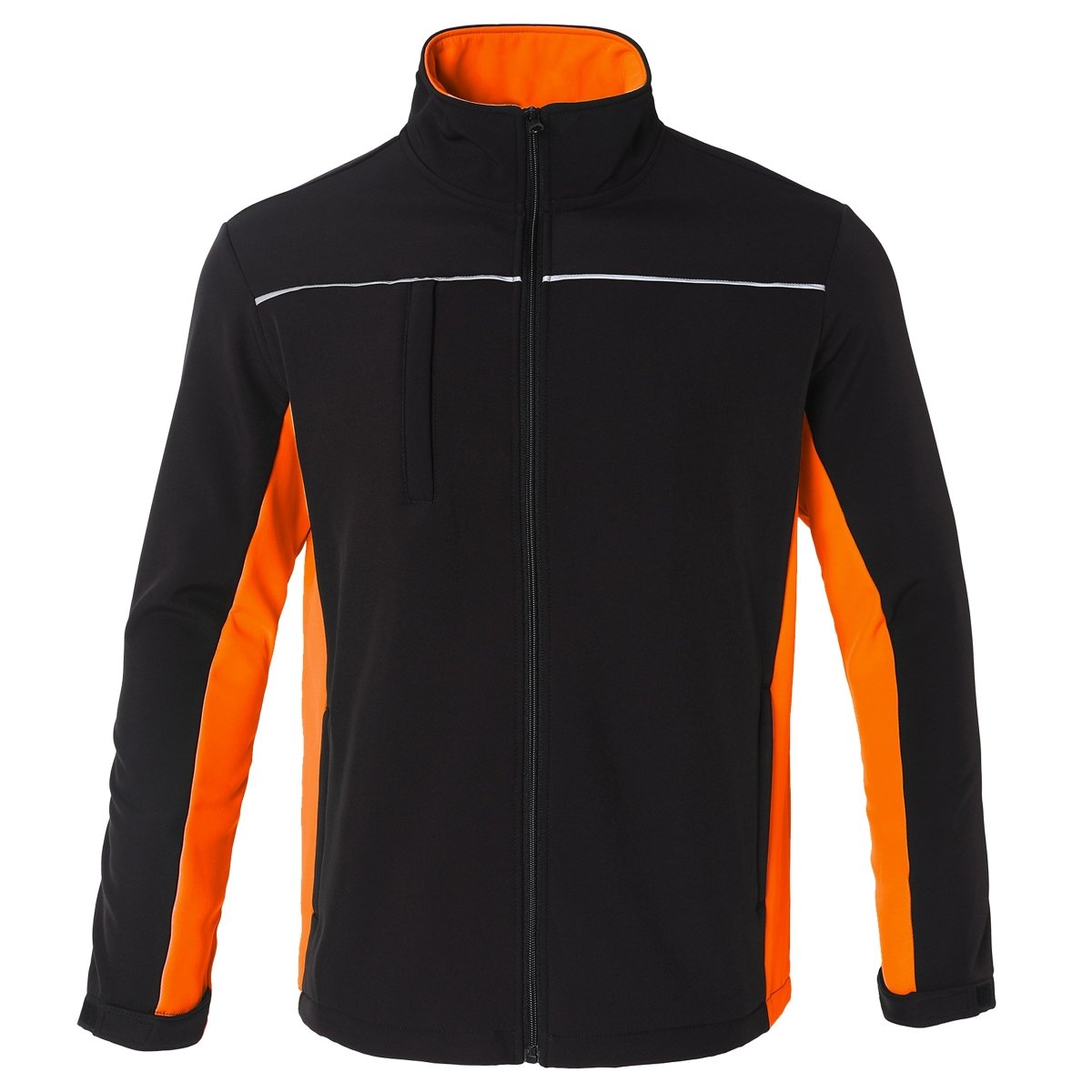 "panel softshell jacket in Black with orange, front – Big Bee Workwear"