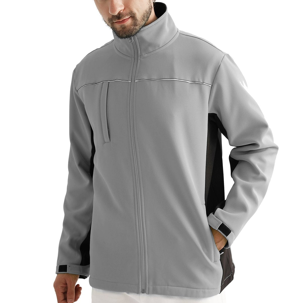 "panel softshell jacket in grey black, model front – Big Bee Workwear"