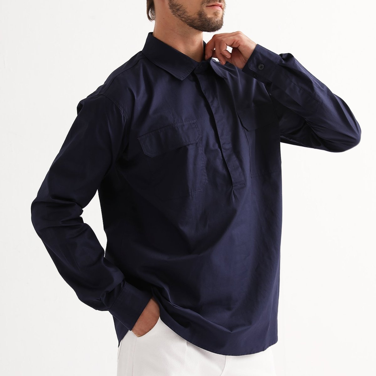 "Closed Front Lightweight Cotton Work shirt in navy blue, Long Sleeve, model side – Big Bee Workwear"