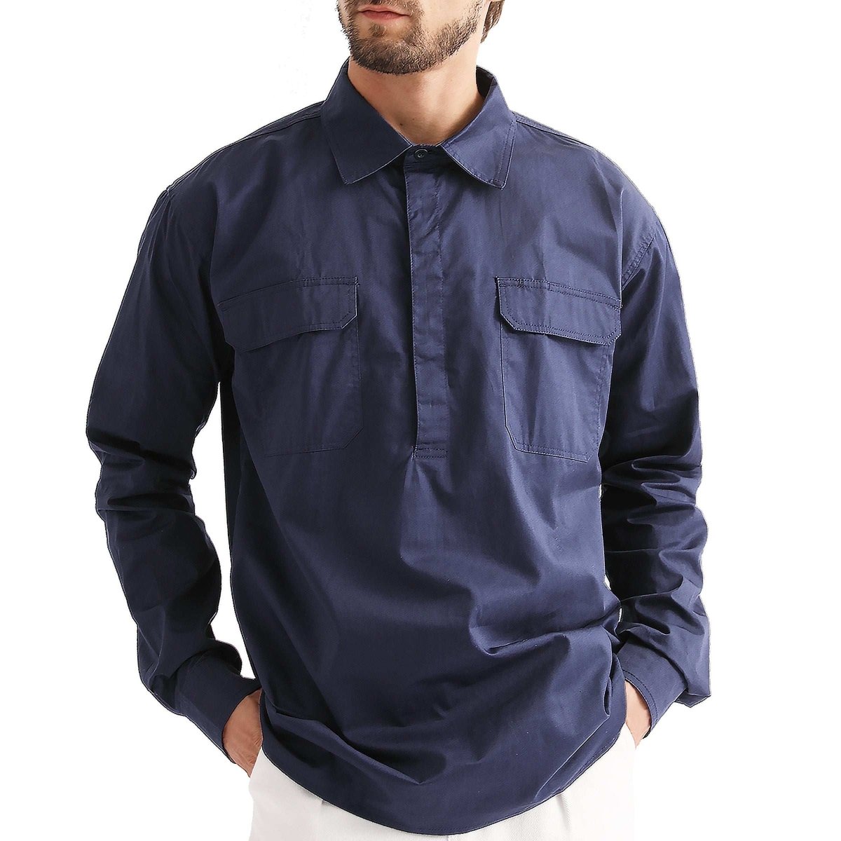 "Closed Front Lightweight Cotton Work shirt in navy blue, Long Sleeve, model front – Big Bee Workwear"