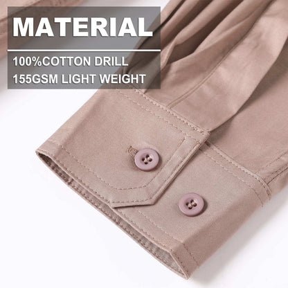 "Closed Front Lightweight Cotton Work shirt, Long Sleeve, fabric close-up with info – Big Bee Workwear"