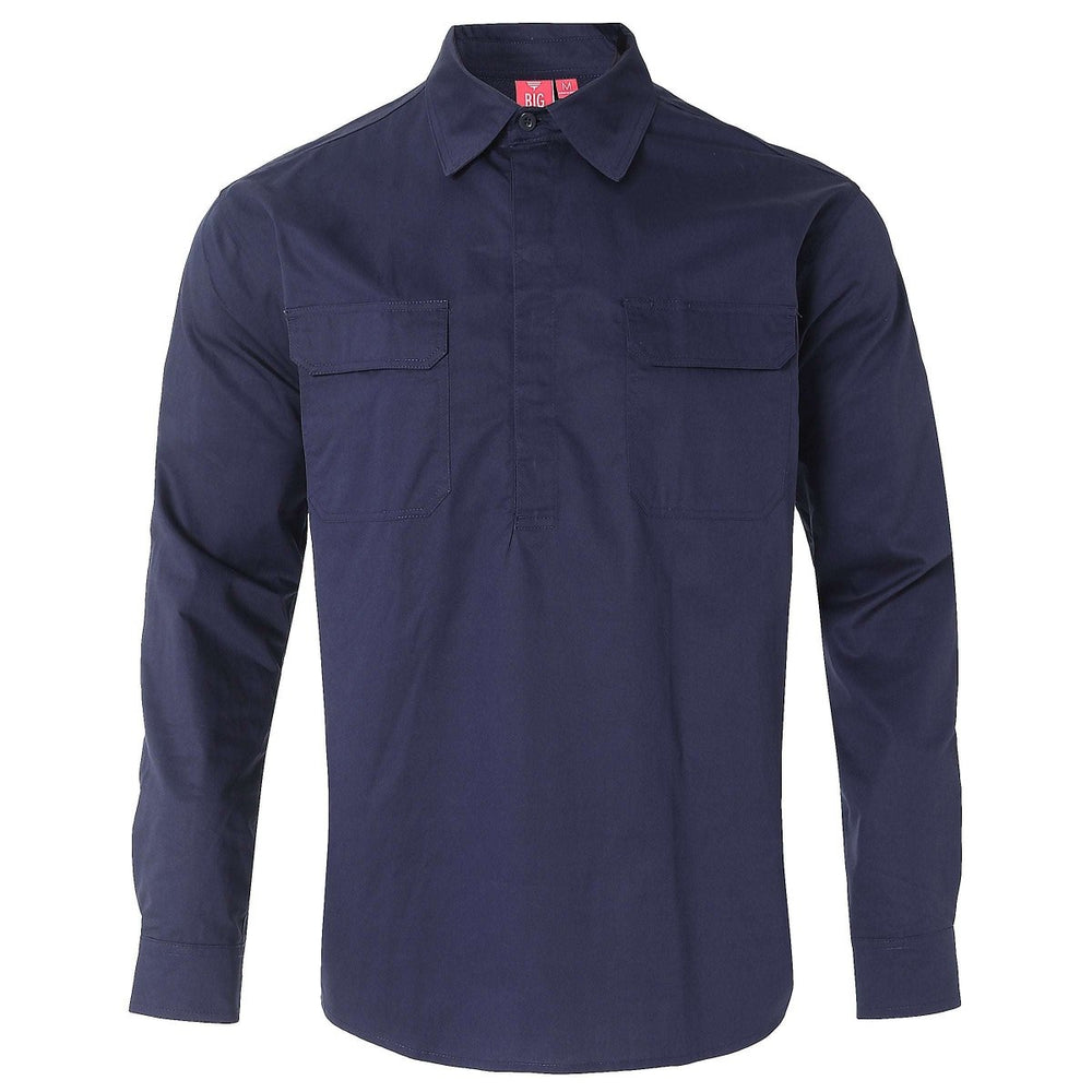 Closed Front Lightweight Cotton Work shirt in navy blue, Long Sleeve, front – Big Bee Workwear
