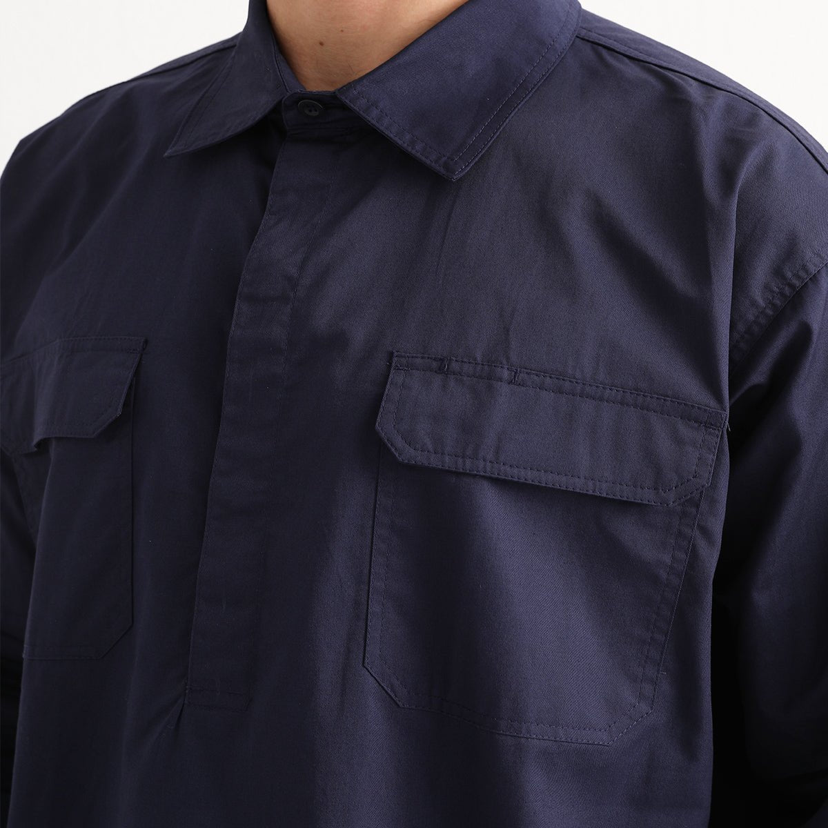 "Closed Front Lightweight Cotton Work shirt, Long Sleeve, chest detail close-up – Big Bee Workwear"