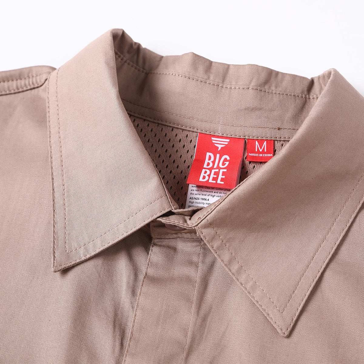 "Closed Front Lightweight Cotton Work shirt, Long Sleeve, collar detail close-up – Big Bee Workwear"