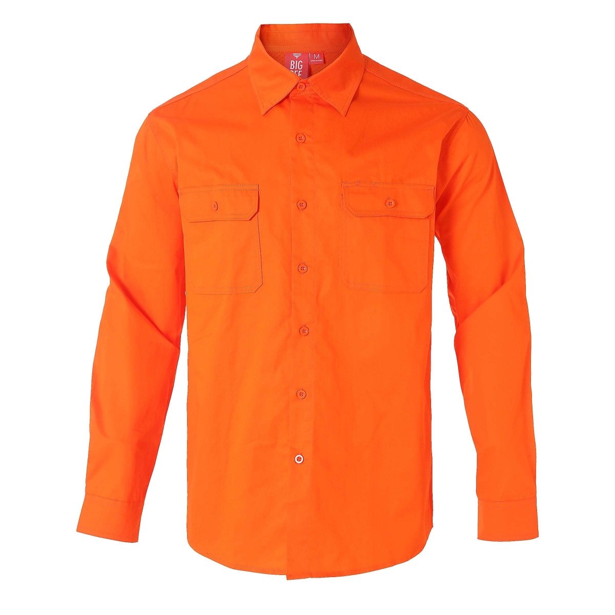 "Men’s Lightweight Cotton Work shirt in orange, Long Sleeve, front – Big Bee Workwear"
