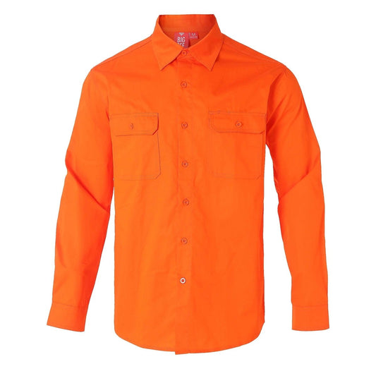 "Men’s Lightweight Cotton Work shirt in orange, Long Sleeve, front – Big Bee Workwear"