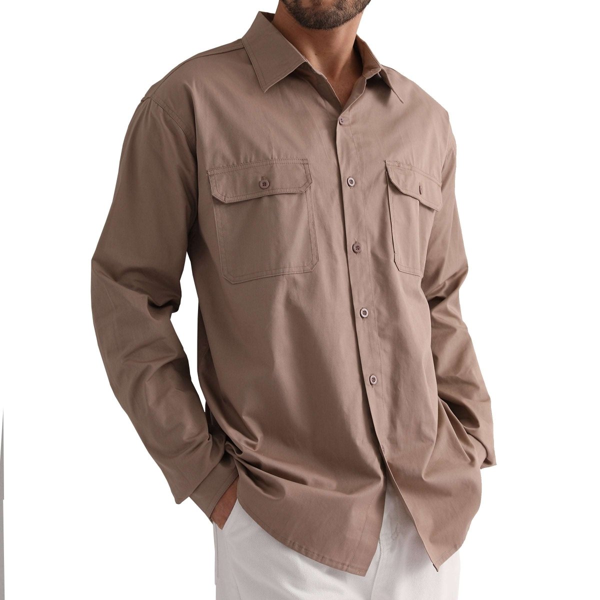 "Men’s Lightweight Cotton Work shirt in khaki, Long Sleeve, model front – Big Bee Workwear"