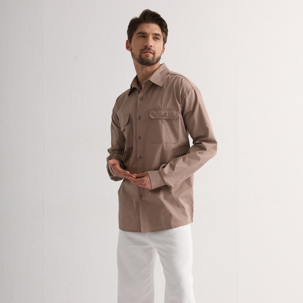 "Men’s Lightweight Cotton Work shirt in khaki, Long Sleeve, model side – Big Bee Workwear"