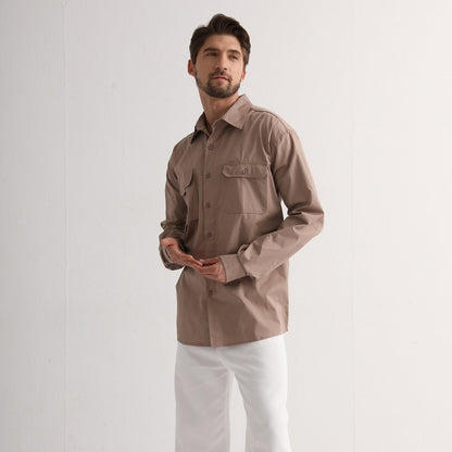 "Men’s Lightweight Cotton Work shirt in khaki, Long Sleeve, model side – Big Bee Workwear"