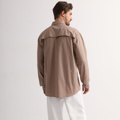 "Men’s Lightweight Cotton Work shirt in khaki, Long Sleeve, model back – Big Bee Workwear"
