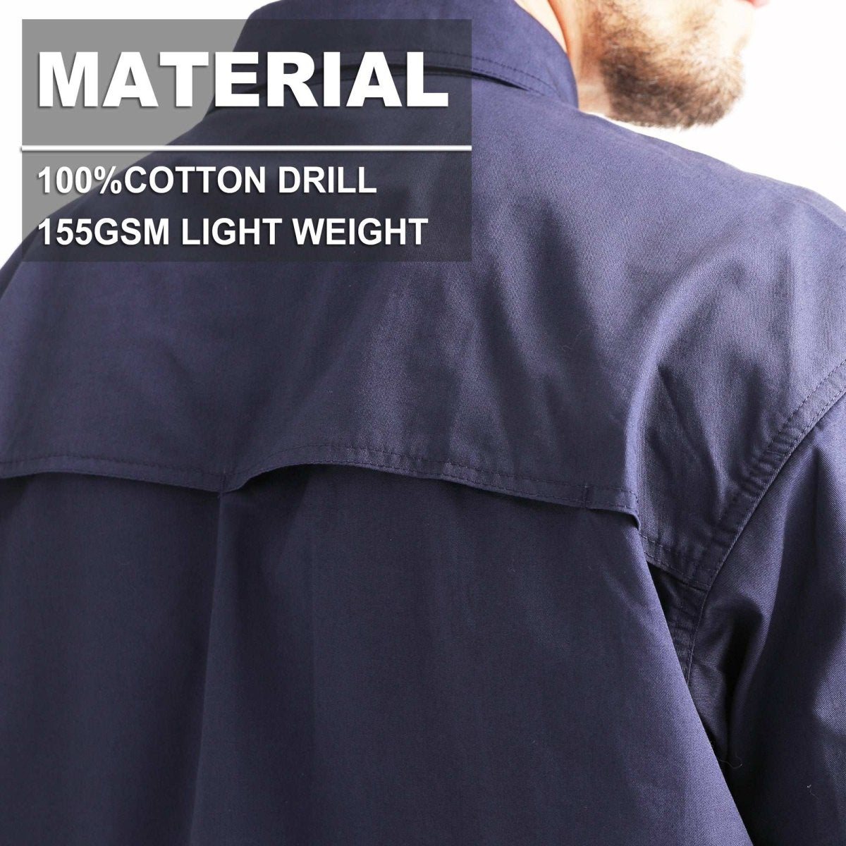 "Men’s Lightweight Cotton Work shirt, Long Sleeve, fabric close-up with info – Big Bee Workwear"