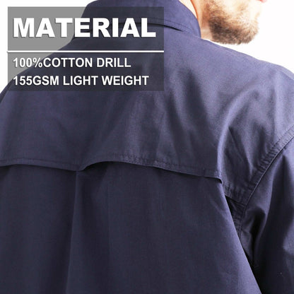 "Men’s Lightweight Cotton Work shirt, Long Sleeve, fabric close-up with info – Big Bee Workwear"