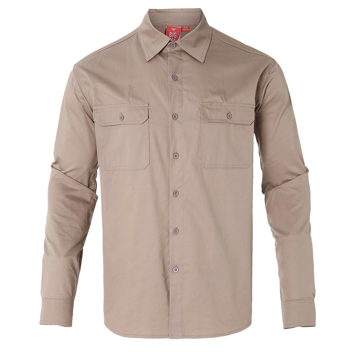 "Men’s Lightweight Cotton Work shirt in khaki, Long Sleeve, front – Big Bee Workwear"