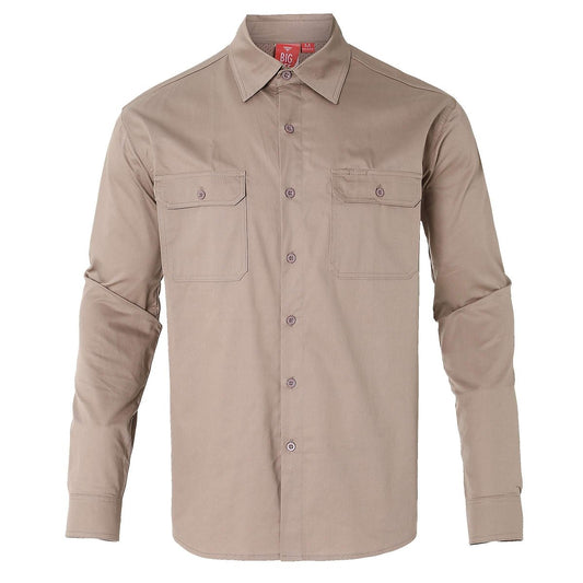 Men’s Lightweight Cotton Work shirt in khaki, Long Sleeve, front – Big Bee Workwear