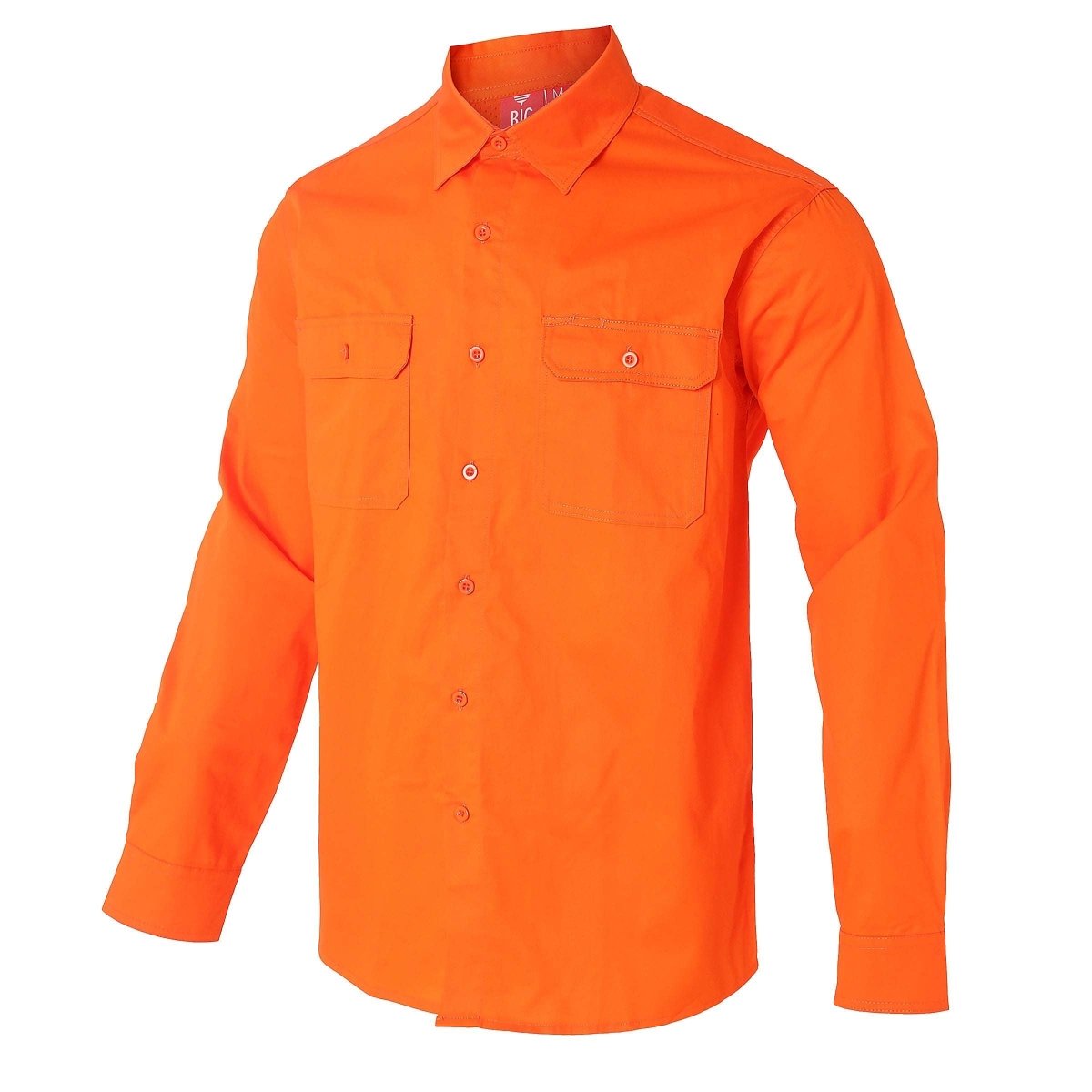 "Men’s Lightweight Cotton Work shirt in orange, Long Sleeve, side – Big Bee Workwear"