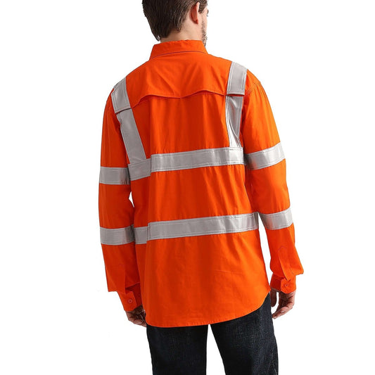 "Unisex Hi Vis Work shirt in orange reflective H back, Long Sleeve, model back – Big Bee Workwear"