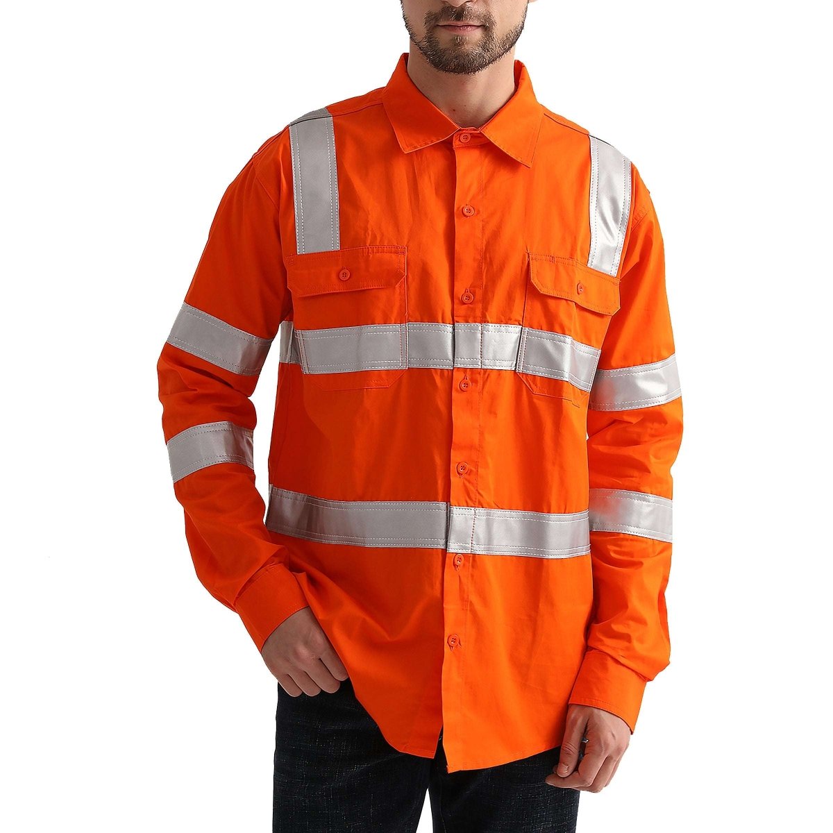 "Unisex Hi Vis Work shirt in orange reflective H back, Long Sleeve, model posed – Big Bee Workwear"