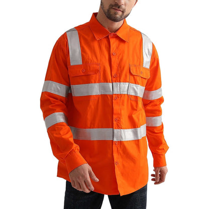 "Unisex Hi Vis Work shirt in orange reflective H back, Long Sleeve, model in action – Big Bee Workwear"