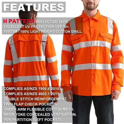 "Unisex Hi Vis Work shirt in orange reflective H back, Long Sleeve, key features – Big Bee Workwear"