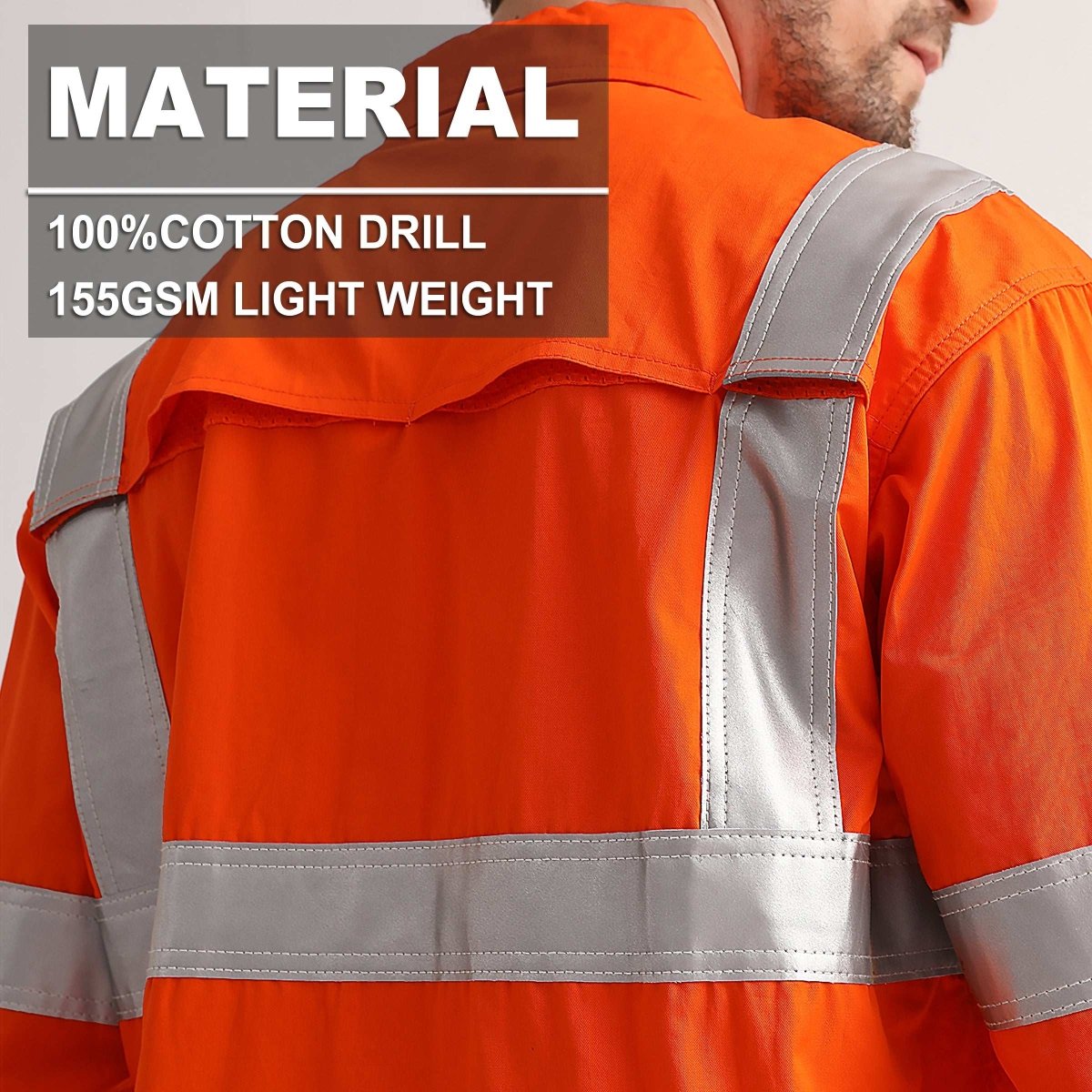 "Unisex Hi Vis Work shirt in orange reflective H back, Long Sleeve, fabric close-up with info – Big Bee Workwear"