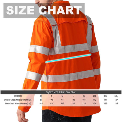 "Unisex Hi Vis Work shirt in orange reflective H back, Long Sleeve, size chart – Big Bee Workwear"