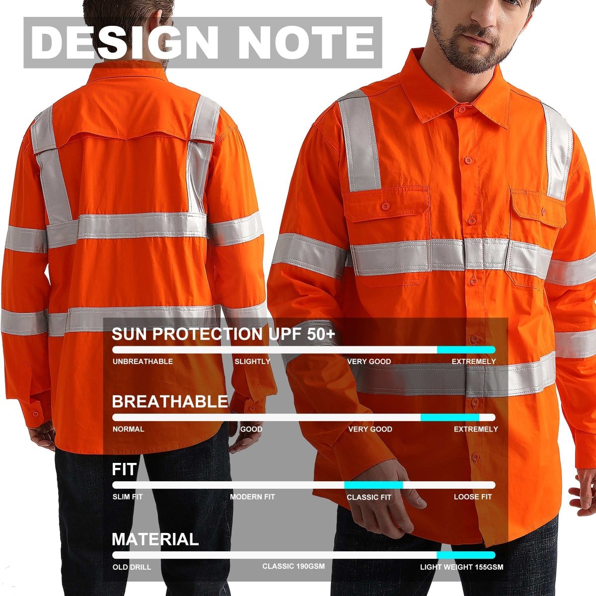 "Unisex Hi Vis Work Hi-Vis Work Shirt with Reflective Tape in orange reflective H back, Long Sleeve, design notes – Big Bee Workwear"
