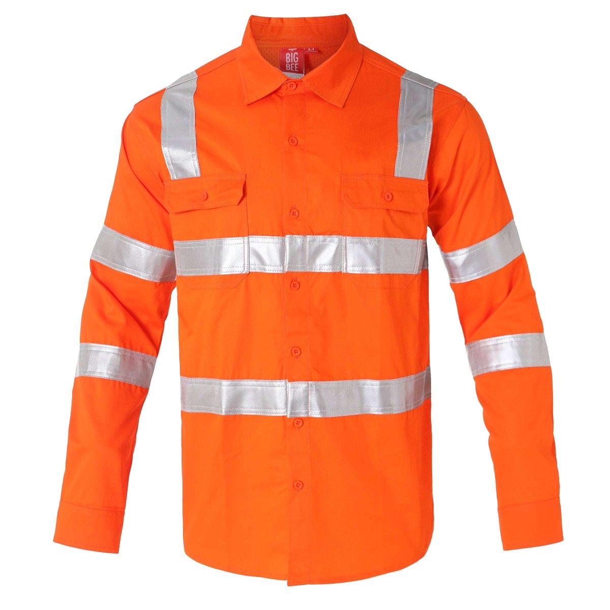 "Unisex Hi Vis Work shirt in orange reflective H back, Long Sleeve, front – Big Bee Workwear"