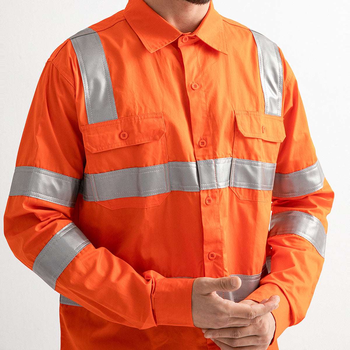 "Unisex Hi Vis Work shirt in orange reflective H back, Long Sleeve, chest detail close-up – Big Bee Workwear"