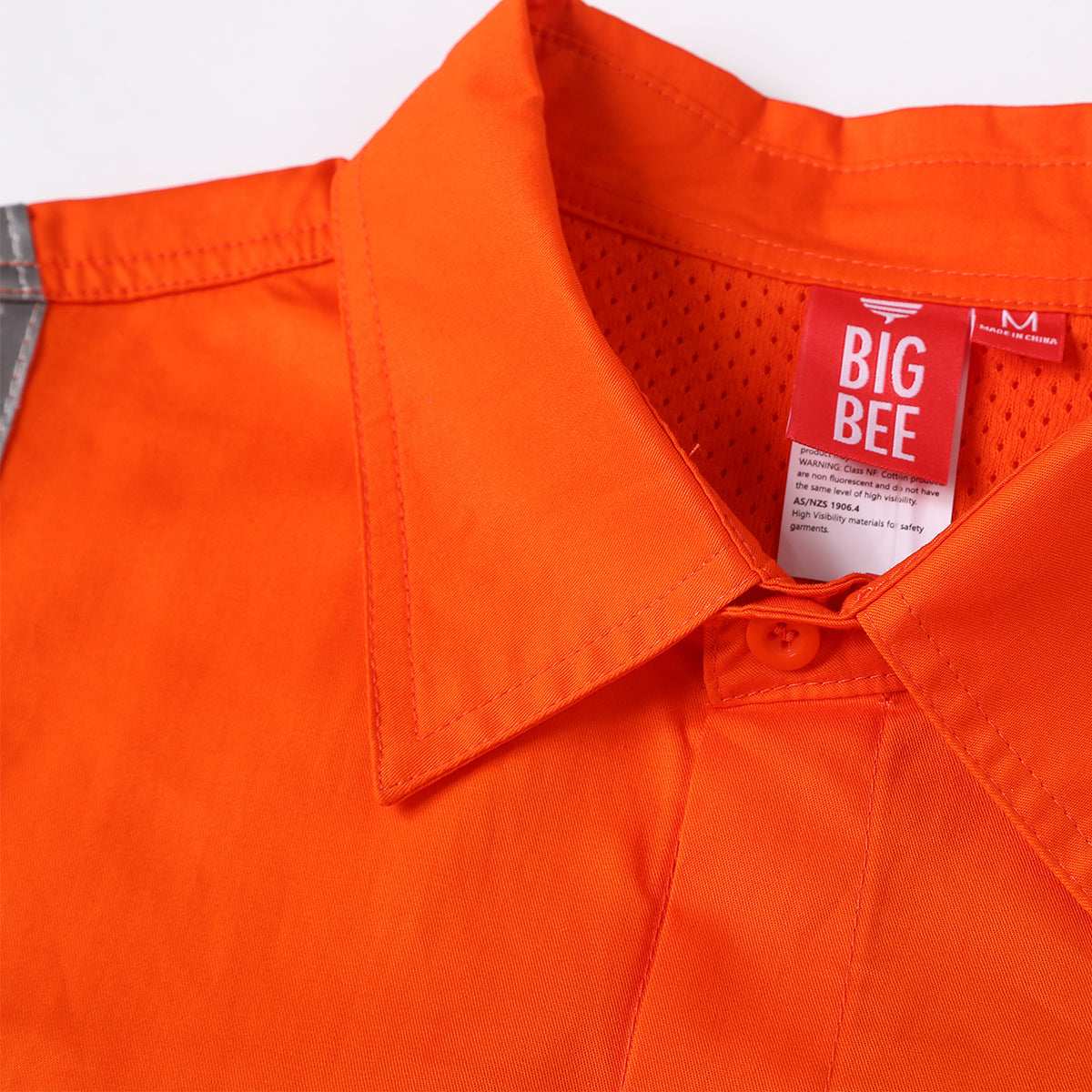 "Unisex Hi Vis Work shirt in orange reflective H back, Long Sleeve, collar detail close-up – Big Bee Workwear"
