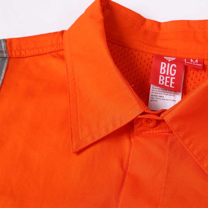 "Unisex Hi Vis Work shirt in orange reflective H back, Long Sleeve, collar detail close-up – Big Bee Workwear"
