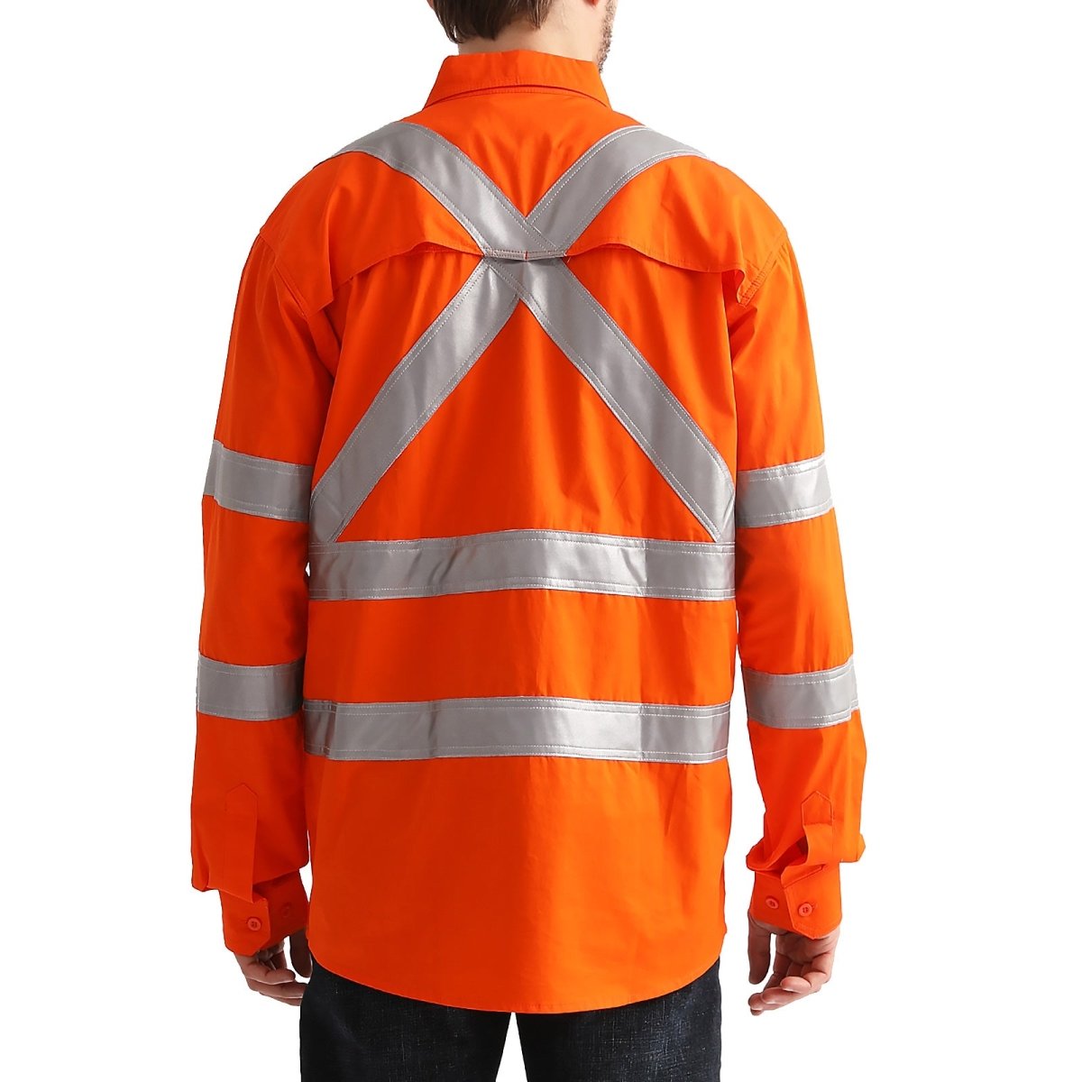 "Hi Vis Work shirt in Orange, X Cross Back Reflective Tape, model back view– Big Bee Workwear"