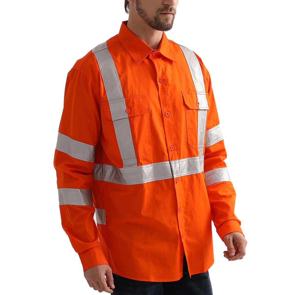 "Hi Vis Work shirt in Orange, X Back Reflective Tape, Long Sleeve, model side – Big Bee Workwear"