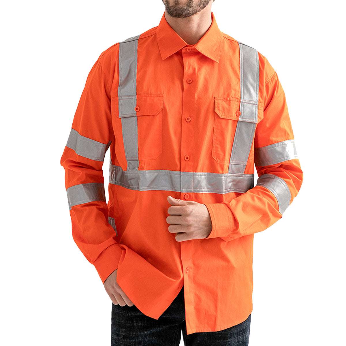 "Hi Vis Work shirt in Orange, X Back Reflective Tape, Long Sleeve, model posed – Big Bee Workwear"