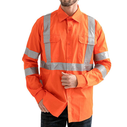 "Hi Vis Work shirt in Orange, X Back Reflective Tape, Long Sleeve, model posed – Big Bee Workwear"