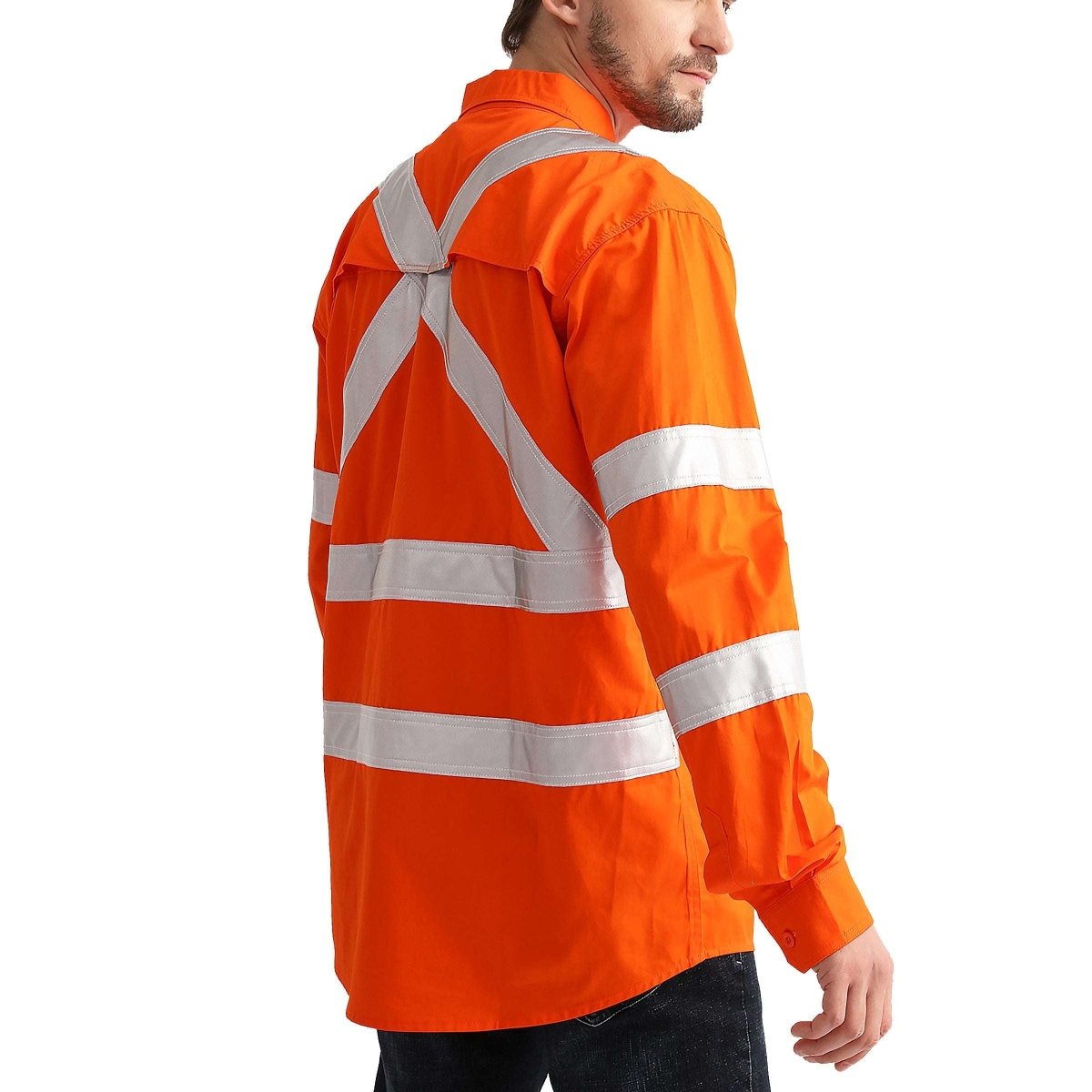 "Hi Vis Work shirt in Orange, X Back Reflective Tape, Long Sleeve, model back angle – Big Bee Workwear"