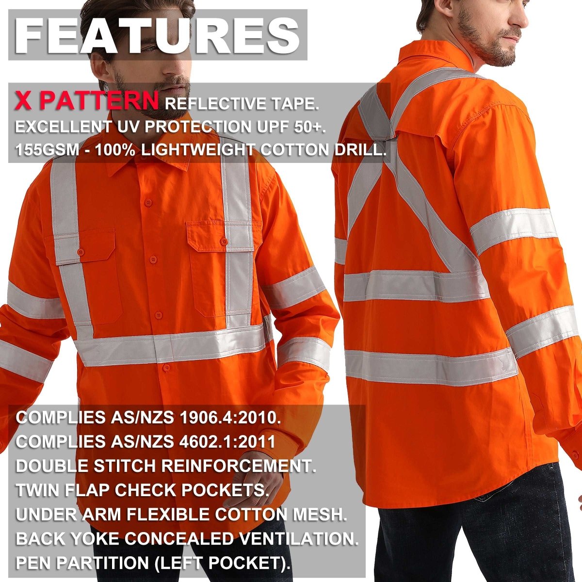 "Hi Vis Work shirt in Orange, X Back Reflective Tape, Long Sleeve, key features – Big Bee Workwear"