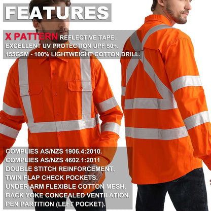 "Hi Vis Work shirt in Orange, X Back Reflective Tape, Long Sleeve, key features – Big Bee Workwear"