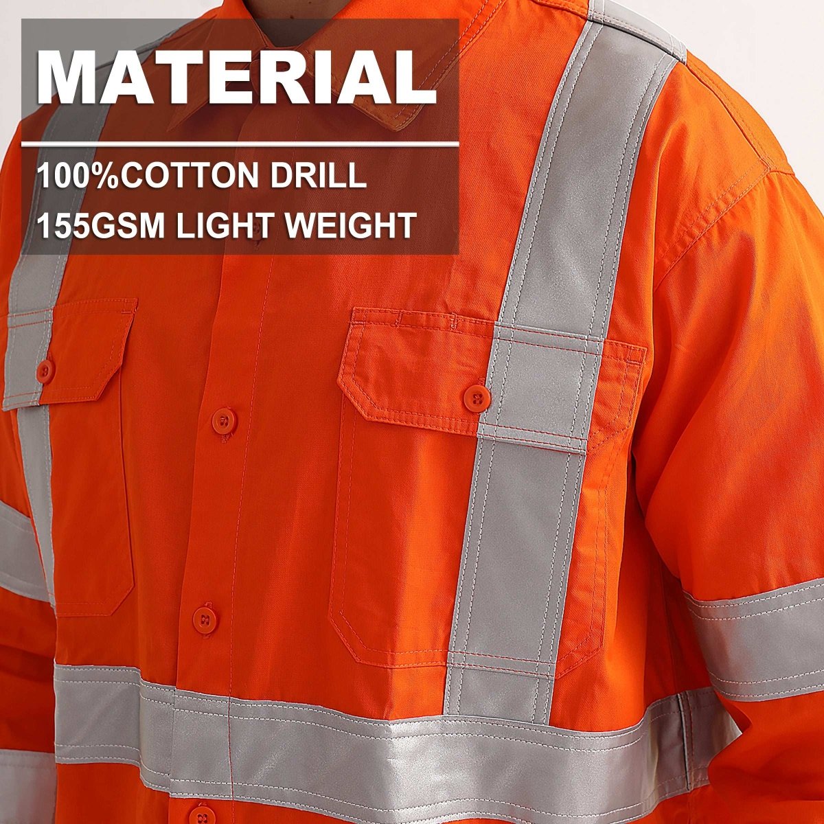 "Hi Vis Work shirt in Orange, X Back Reflective Tape, Long Sleeve, fabric close-up with info – Big Bee Workwear"