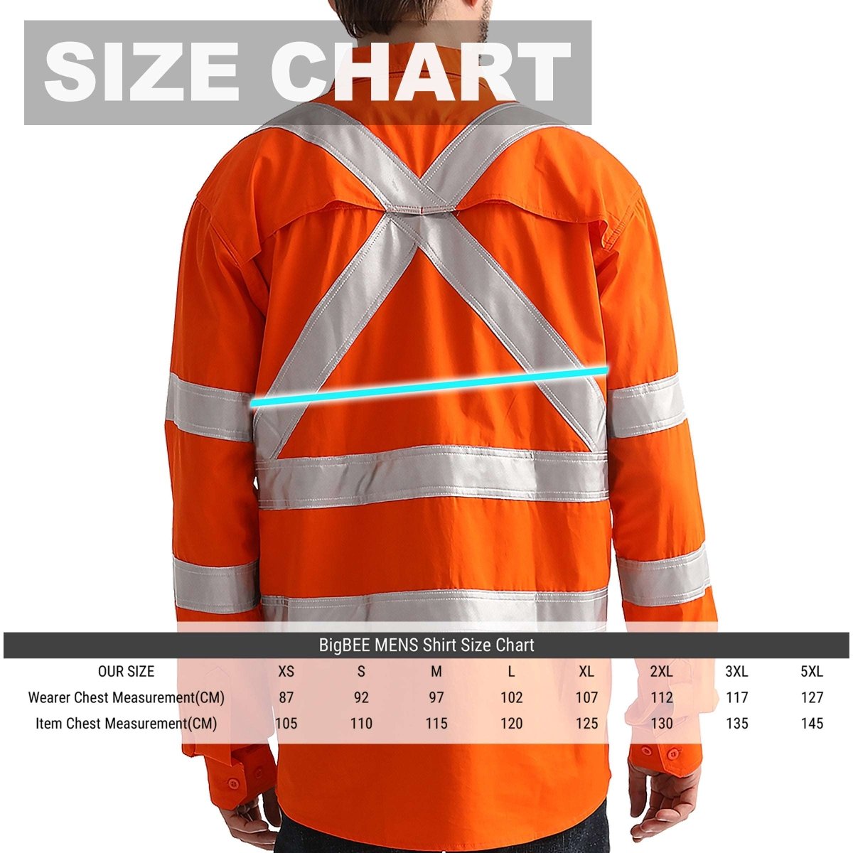 "Hi Vis Work shirt in Orange, X Back Reflective Tape, Long Sleeve, size chart – Big Bee Workwear"