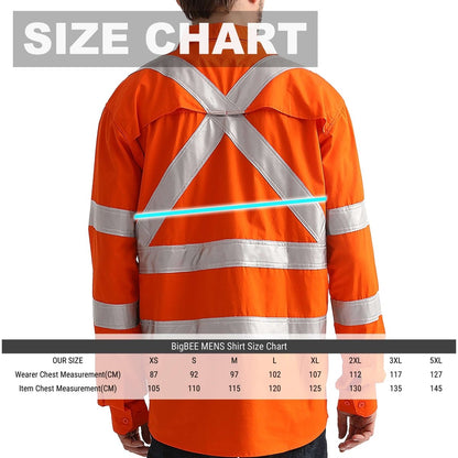 "Hi Vis Work shirt in Orange, X Back Reflective Tape, Long Sleeve, size chart – Big Bee Workwear"