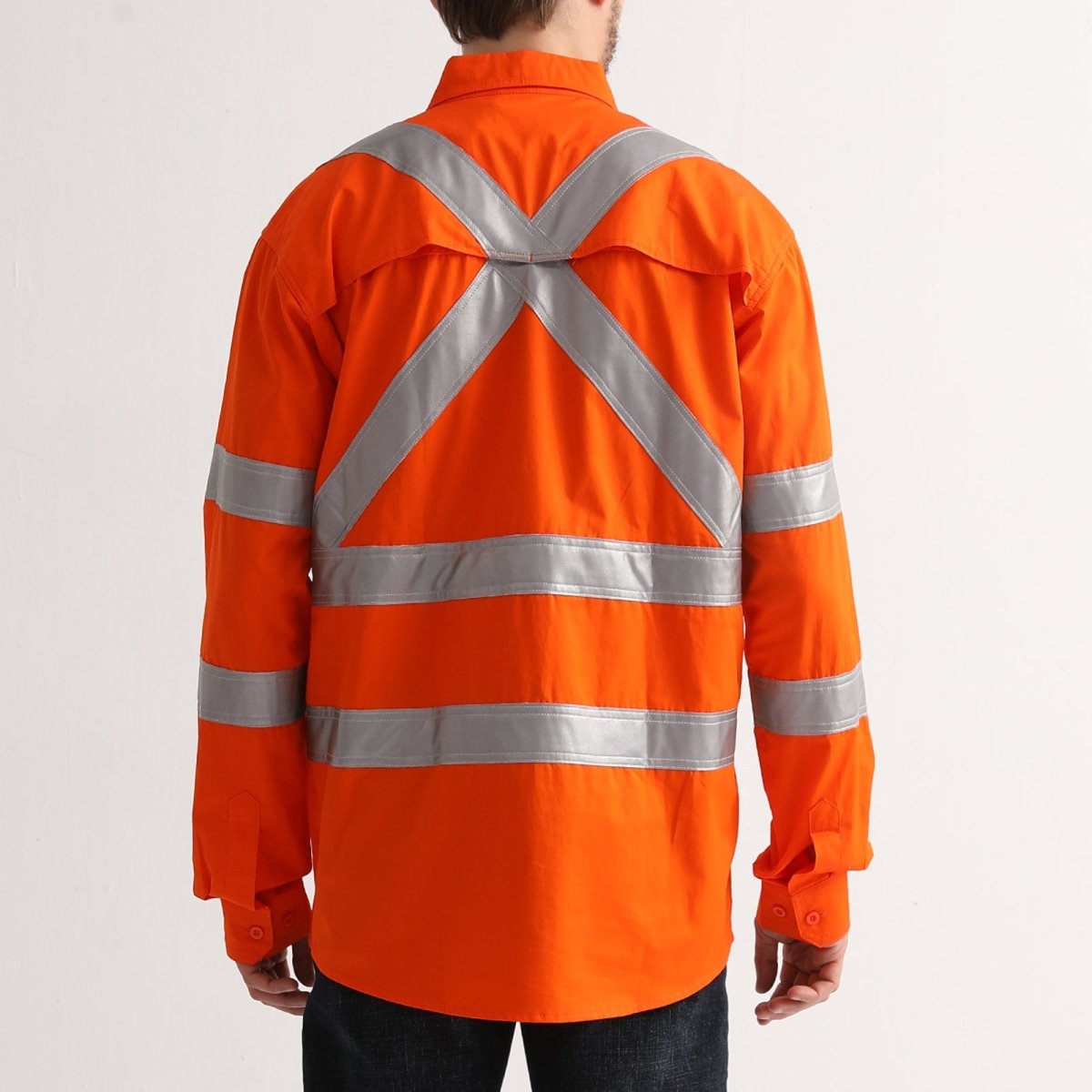 "Hi Vis Work shirt in Orange, X Back Reflective Tape, Long Sleeve, model back – Big Bee Workwear"