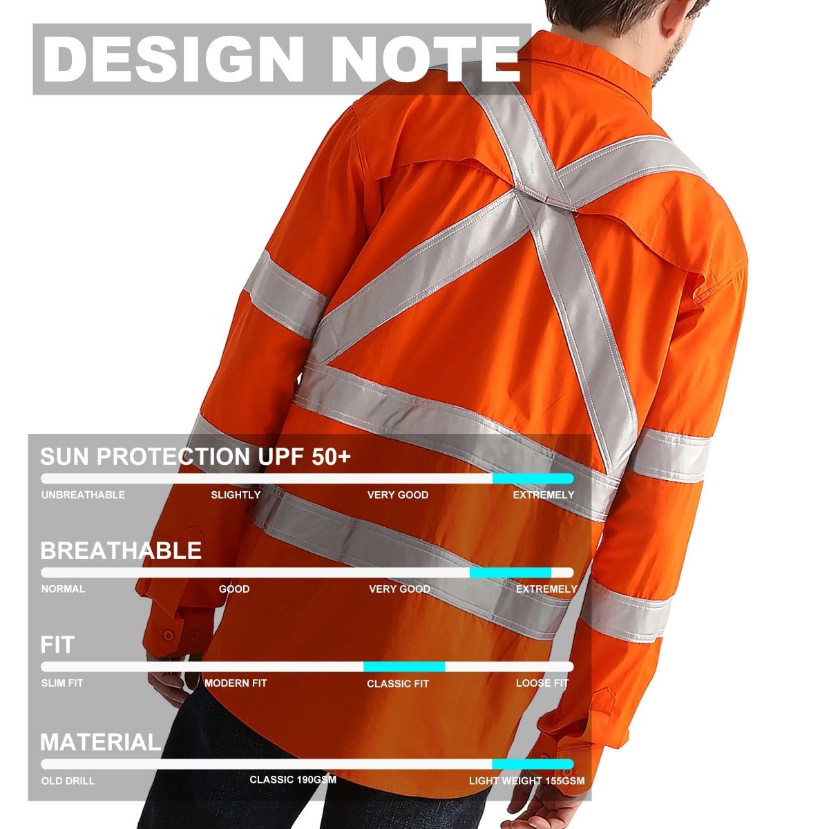 "Hi Vis Work Hi-Vis Work Shirt with Reflective Tape in Orange, X Back Reflective Tape, Long Sleeve, design notes – Big Bee Workwear"