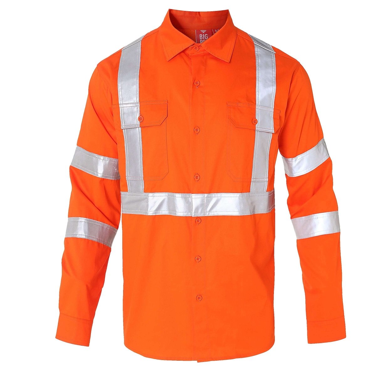 "Hi Vis Work shirt in Orange, X Back Reflective Tape, Long Sleeve, front – Big Bee Workwear"