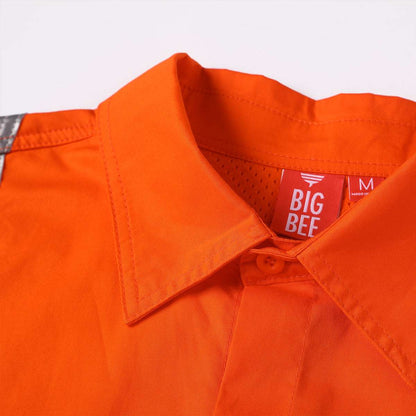 "Hi Vis Work shirt in Orange, X Back Reflective Tape, Long Sleeve, collar detail close-up – Big Bee Workwear"