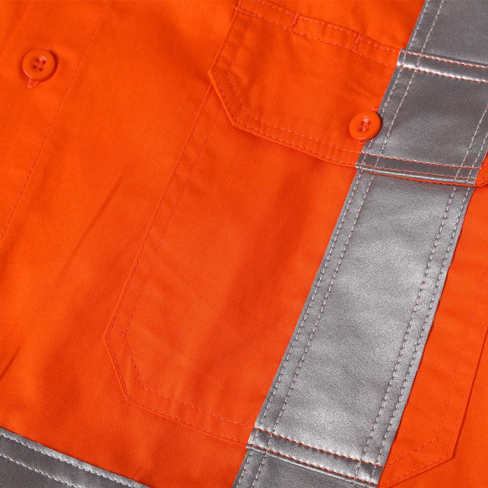 "Hi Vis Work shirt in Orange, X Back Reflective Tape, Long Sleeve, pocket detail close-up – Big Bee Workwear"
