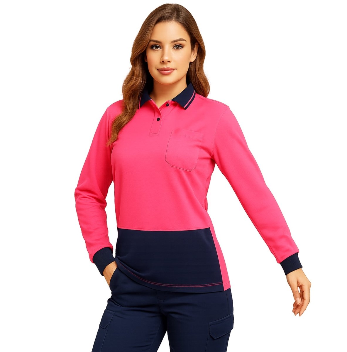 "Ladies’ Hi-Vis Long Sleeve polo shirt in pink navy, model front – Big Bee Workwear"