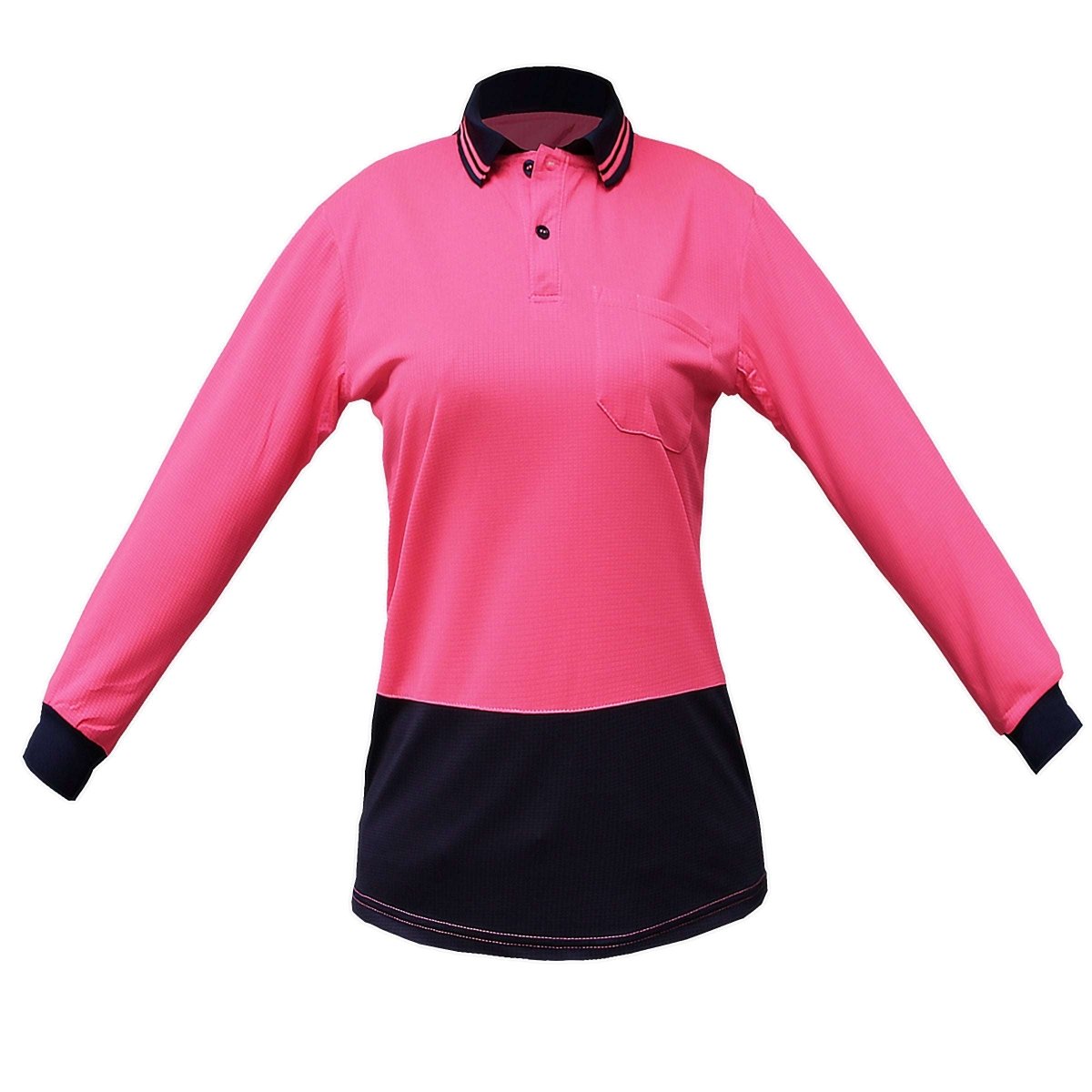 "Ladies’ Hi-Vis Long Sleeve polo shirt in pink navy, front – Big Bee Workwear"