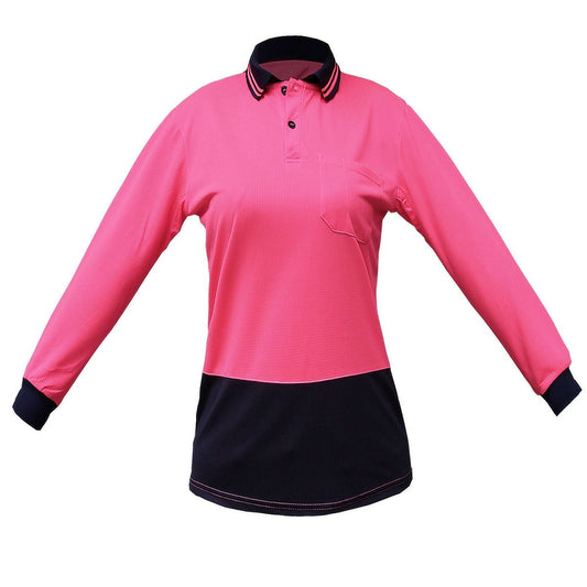 Ladies’ Hi-Vis Long Sleeve polo shirt in pink navy, front – Big Bee Workwear