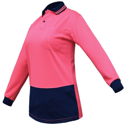 "Ladies’ Hi-Vis Long Sleeve polo shirt in pink navy, side – Big Bee Workwear"
